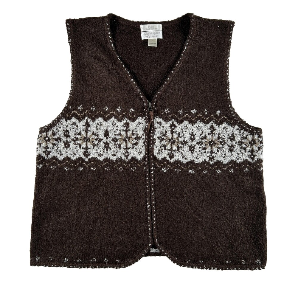 Vtg Christopher & Banks Sweater Vest Womens Large Fair Isle Zip Ski Snowflake